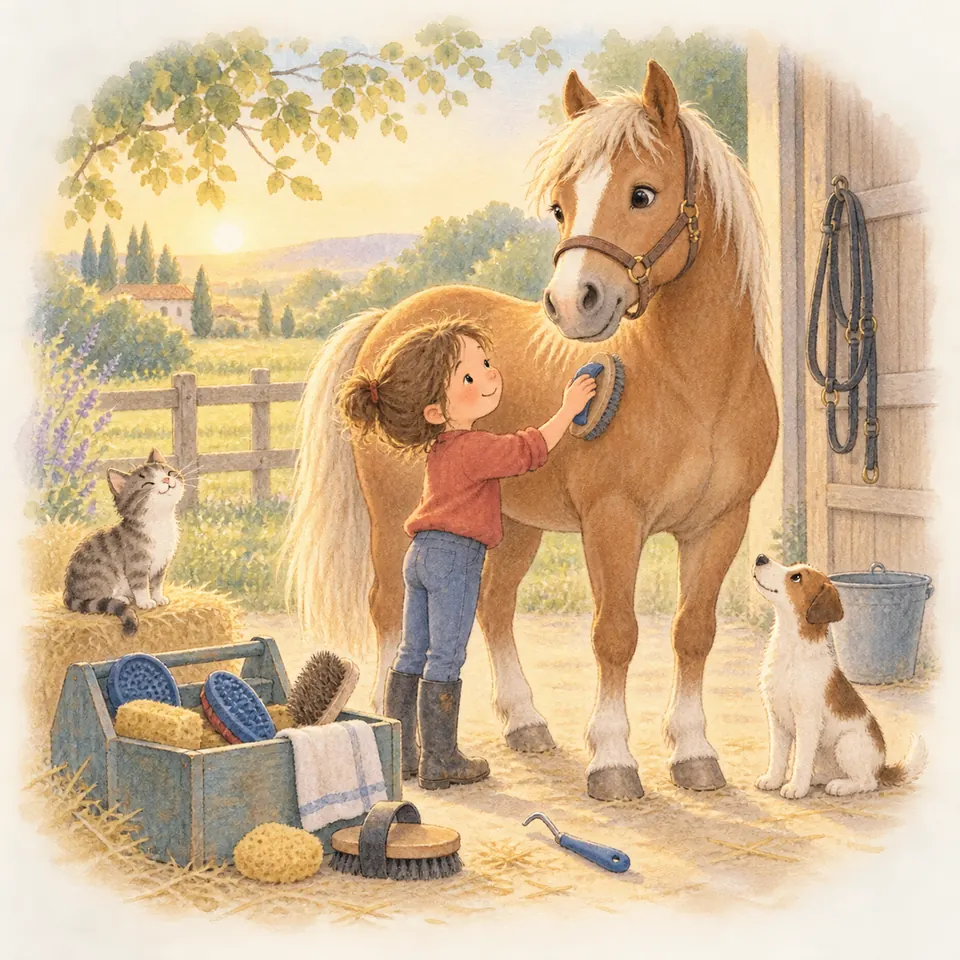 Une enfant brosse l’épaule d’un cheval palomino près de l’écurie, avec des brosses, des éponges et un cure-pied à ses pieds