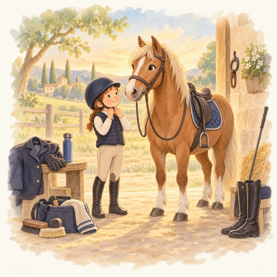 Une enfant ajuste la jugulaire de son casque près d’un poney palomino sellé, avec des bottes et des gants à côté