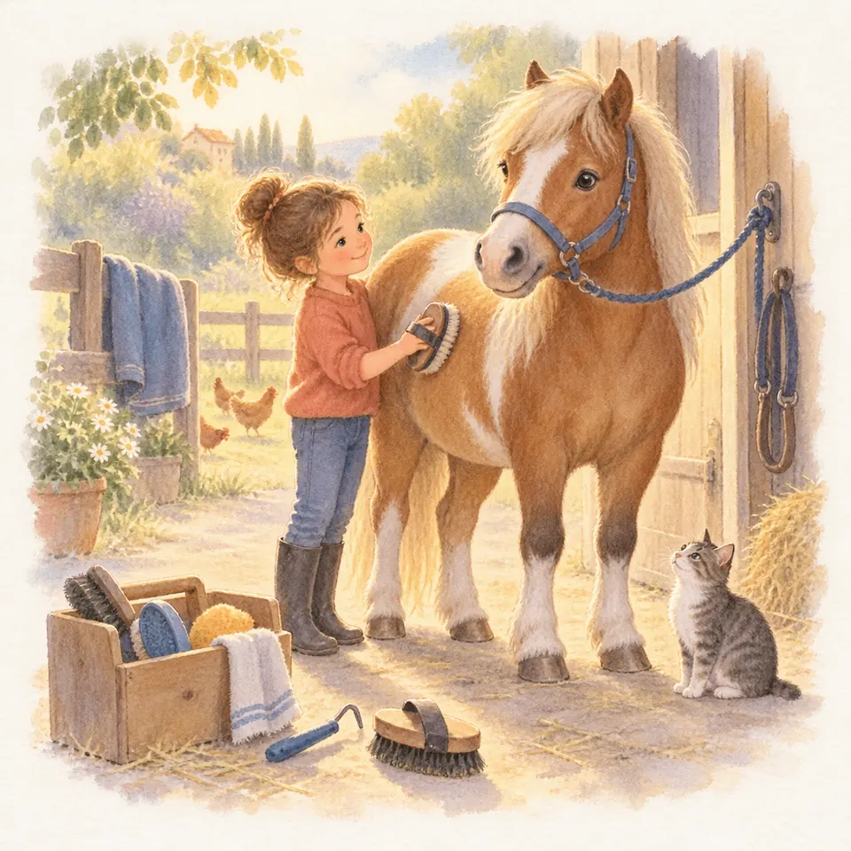 Une enfant passe une brosse sur le flanc d’un poney palomino attaché près de l’écurie, à côté d’une caisse de pansage