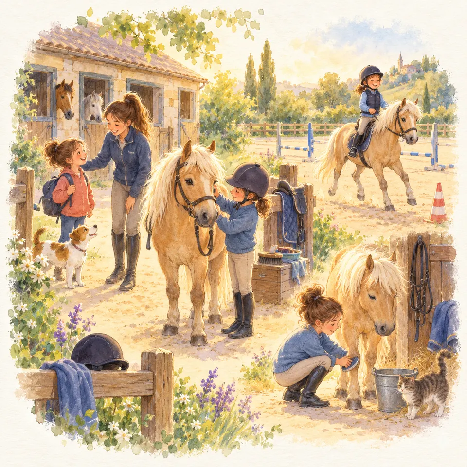 Au poney-club, des enfants brossent et montent des poneys palominos tandis qu’une monitrice accueille une fillette