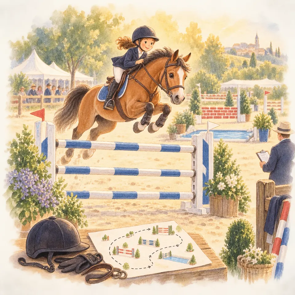 Une cavalière sur un cheval bai franchit un obstacle bleu et blanc, avec un plan du parcours posé sur une table