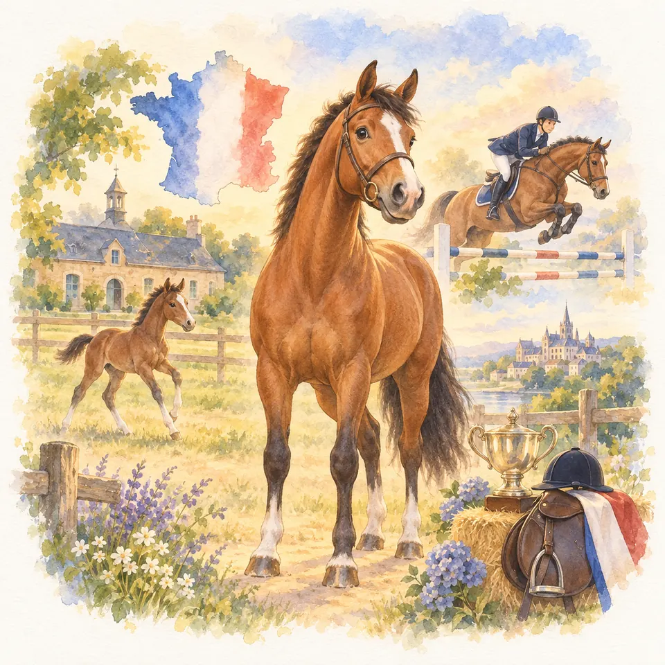 Un cheval bai en filet se tient près d’un poulain au pré, avec une scène de saut d’obstacles et une coupe à côté