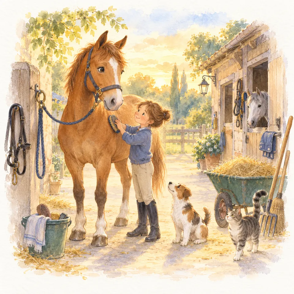 Une enfant brosse un poney alezan attaché devant l’écurie, près d’un seau de pansage et d’une brouette remplie de paille