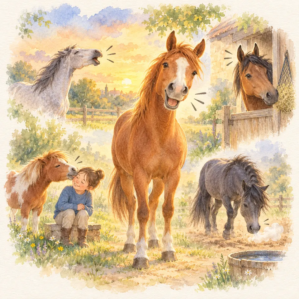Un cheval alezan ouvre la bouche au pré, entouré de chevaux et de poneys, près d’une enfant assise sur une botte de foin