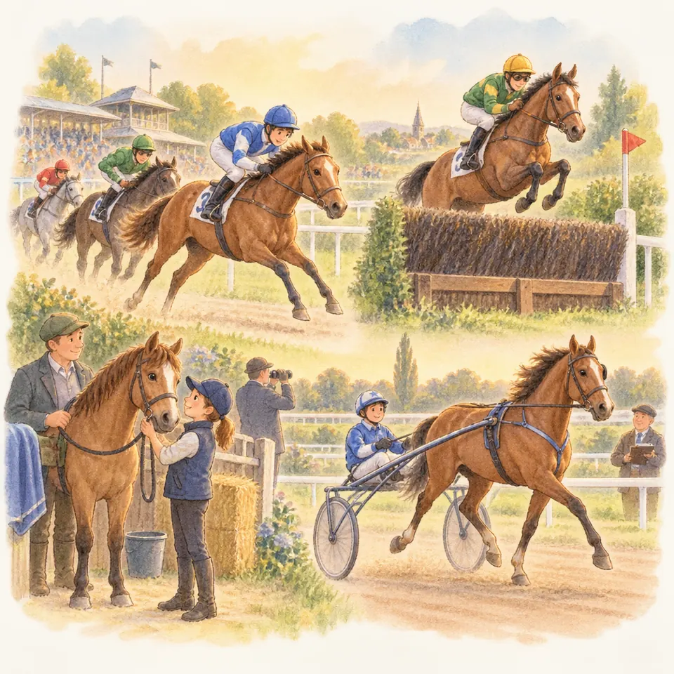 Des jockeys montent des chevaux sur une piste et franchissent une haie, tandis qu’un cheval bai tire un sulky