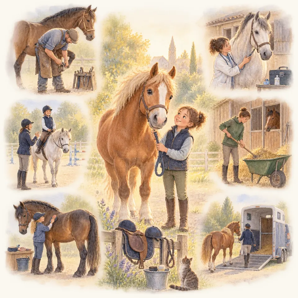 Une jeune femme tient un cheval palomino, entourée de scènes de maréchalerie, de soins, de pansage et de travail à l’écurie