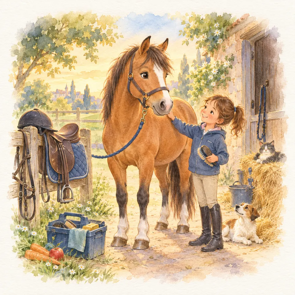 Une enfant tient une brosse et pose la main sur l’encolure d’un cheval bai près d’une selle et d’une boîte de pansage