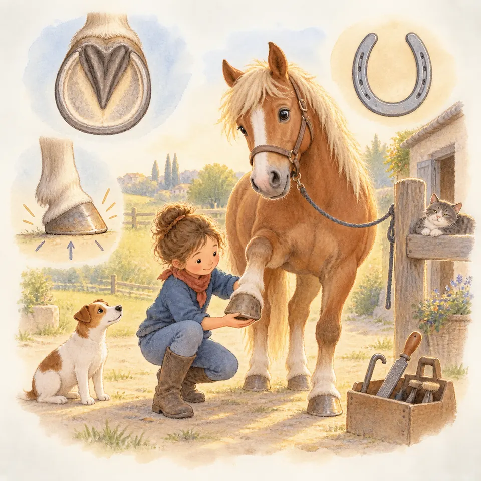 Une jeune femme soulève le sabot d’un cheval palomino près d’une boîte à outils, avec des détails de fourchette et de fer