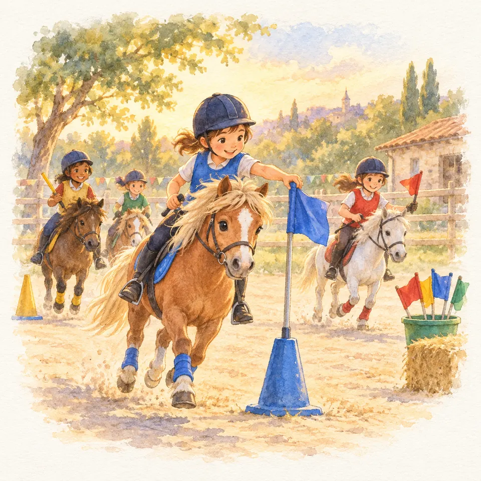 Des enfants à poney participent à un jeu de drapeaux dans une carrière, entre des cônes et un seau de fanions