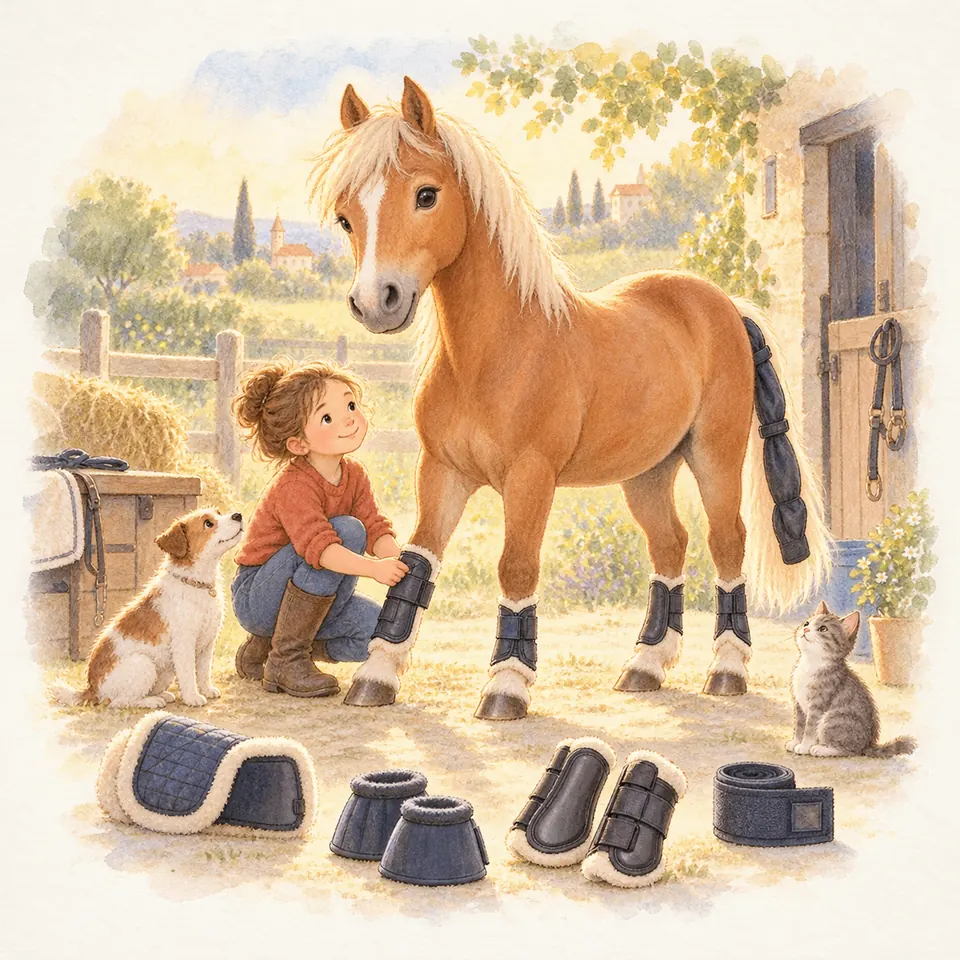 Une jeune femme ajuste une guêtre sur l’antérieur d’un cheval palomino, près de cloches et d’autres protections au sol