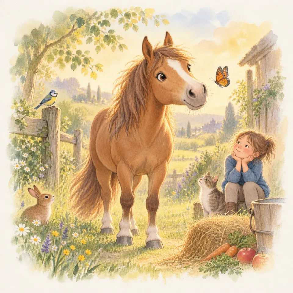Un poney alezan regarde un papillon près d’une enfant assise sur une botte de foin, avec un chat et un lapin