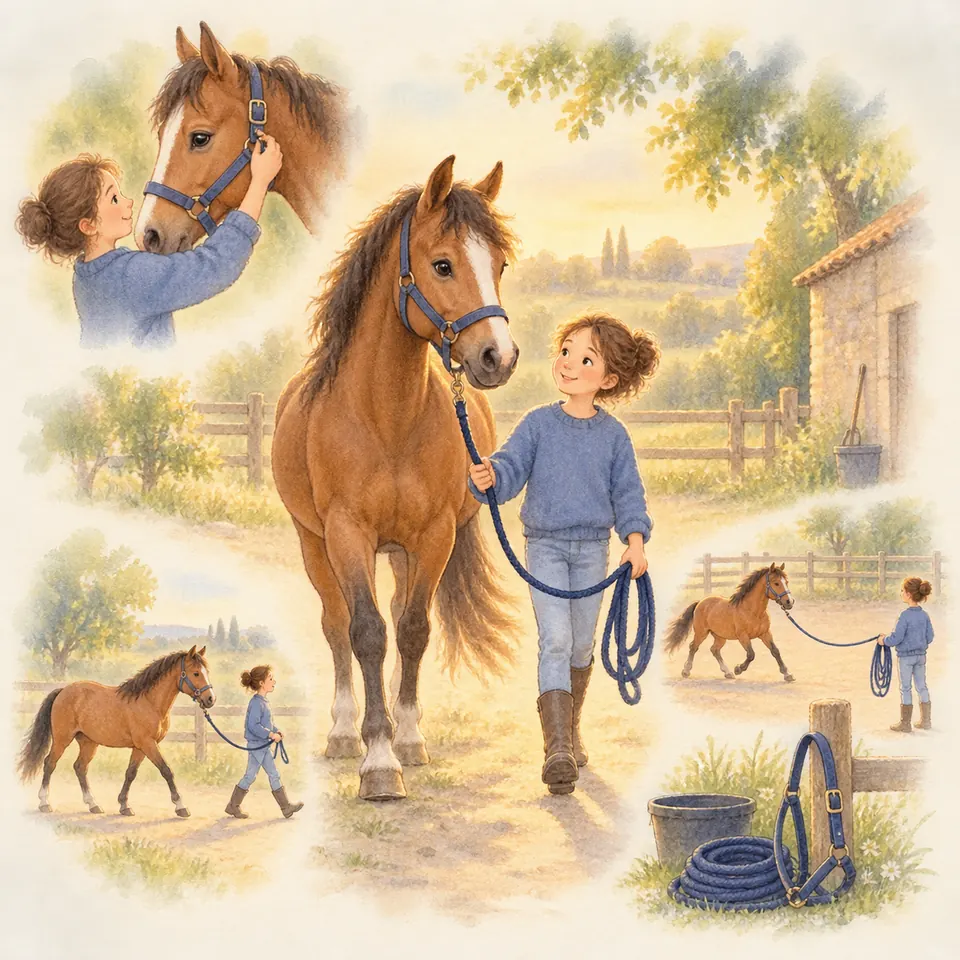 Une enfant mène un cheval bai en licol bleu sur un chemin, avec des scènes de réglage du licol et de travail à la longe