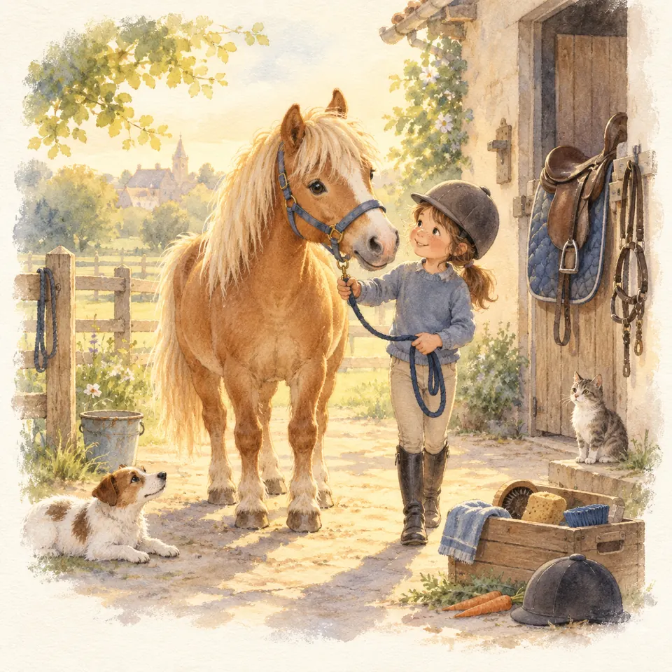 Une enfant casquée tient un poney palomino en licol devant une écurie, près d’une selle et d’une caisse de pansage