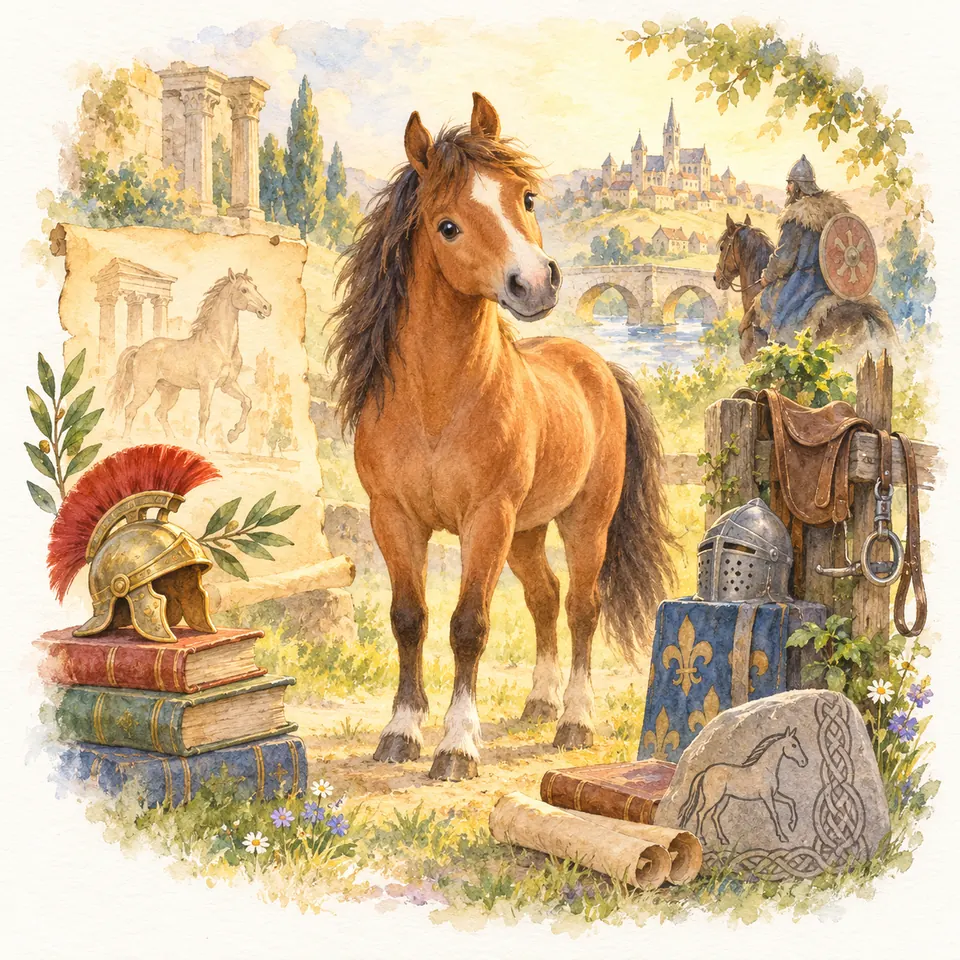 Un cheval bai se tient parmi des livres, des parchemins, des casques anciens et une pierre gravée d’un cheval