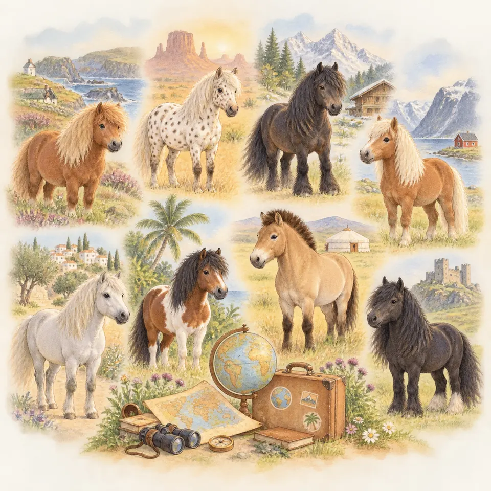 Huit poneys aux robes variées se tiennent dans des paysages de montagne, de côte et de désert, autour d’un globe et d’une carte