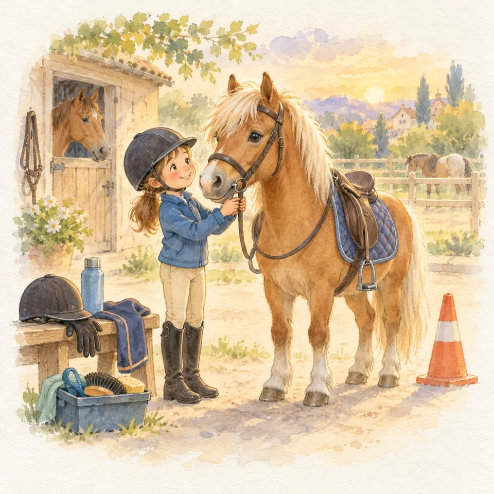 Une enfant portant une bombe ajuste le filet d’un poney palomino sellé dans la cour d’une écurie
