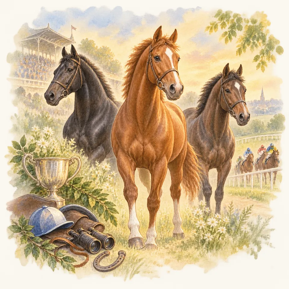 Trois chevaux noir, alezan et bai se dressent près d’une coupe, avec des jockeys en course sur un hippodrome
