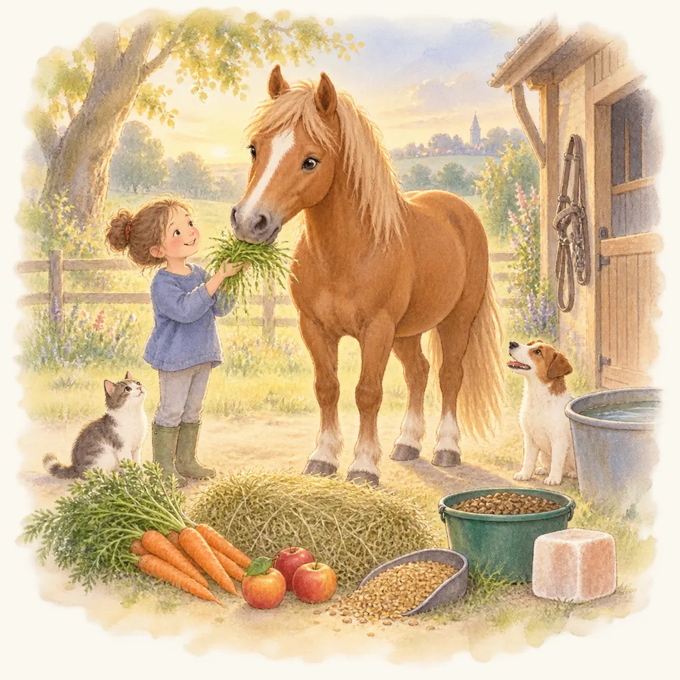 Une enfant tend de l’herbe à un cheval palomino devant une écurie, près de foin, de carottes, de pommes et de grains