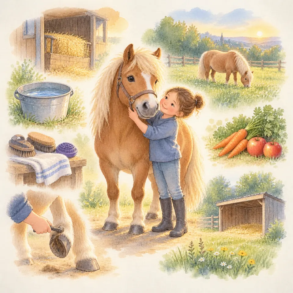 Une enfant enlace la tête d’un poney palomino en licol, près de brosses, d’un seau d’eau, de carottes et de pommes