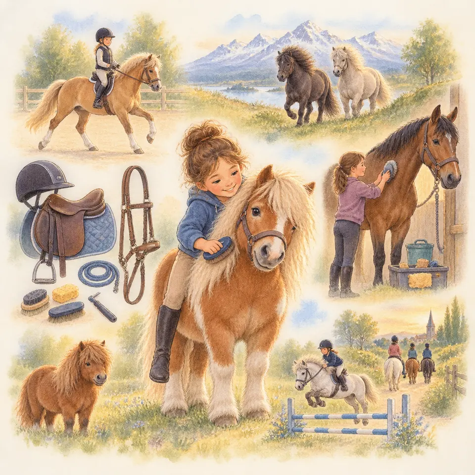 Une enfant à cru brosse un poney palomino, entourée de scènes de pansage, de monte et de saut d’obstacles