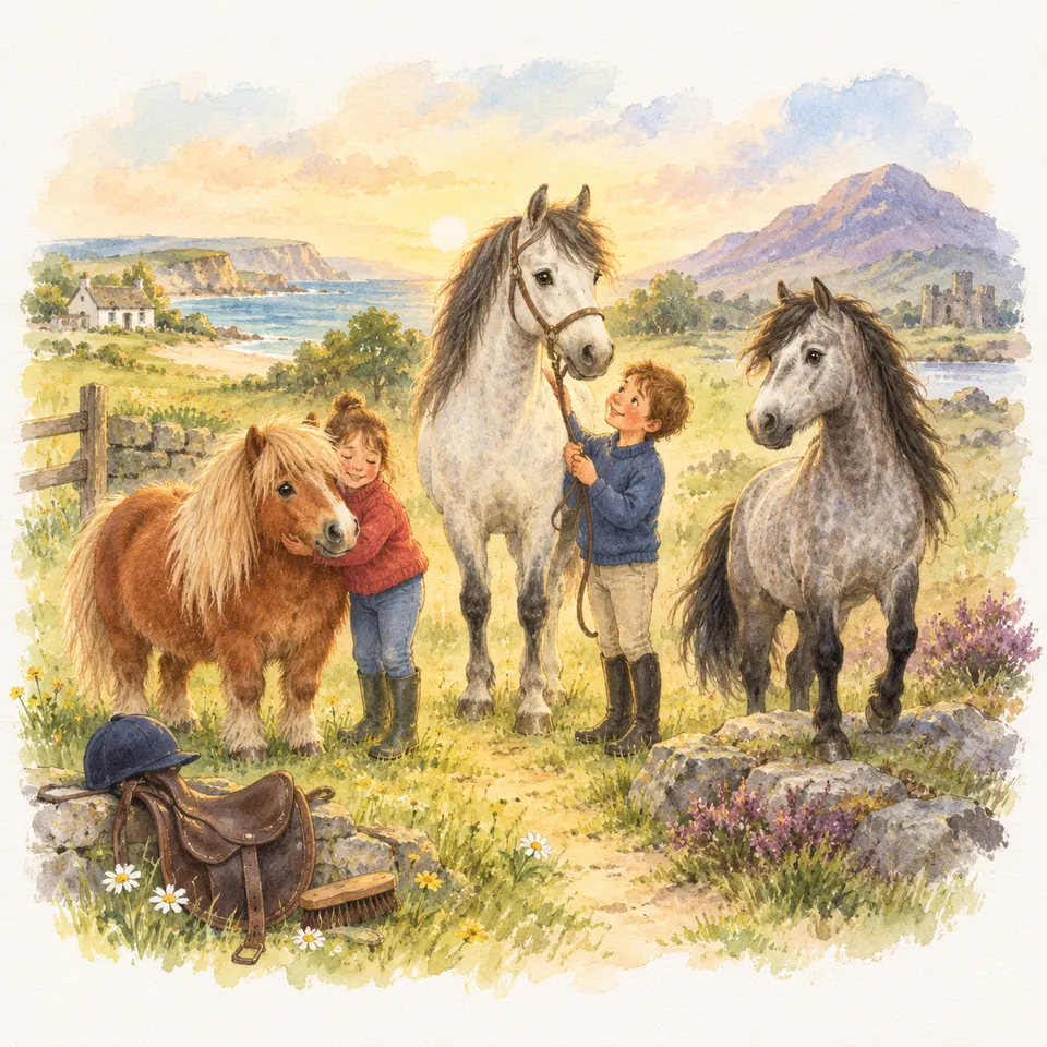 Deux enfants tiennent un petit poney alezan et un poney gris en licol, près d’un autre poney gris dans un pré côtier