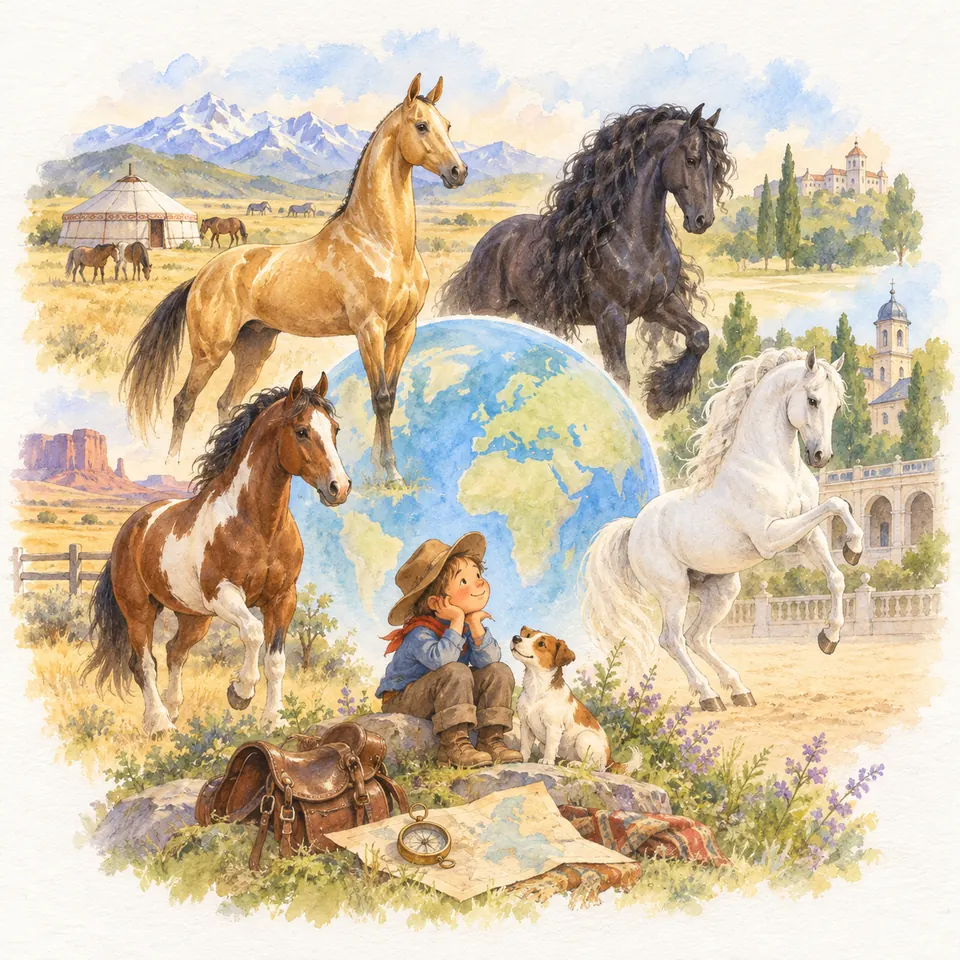 Des chevaux doré, noir, gris et pie entourent un globe terrestre, près d’un enfant, d’un chien et d’une selle