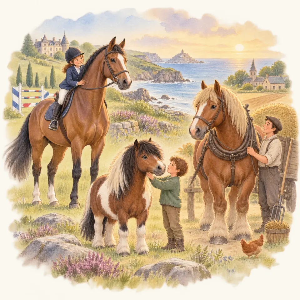 Une cavalière monte un cheval bai, un enfant caresse un poney pie et un homme tient un cheval de trait alezan près de la mer