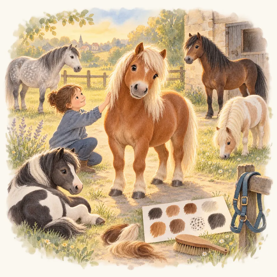Une enfant caresse un poney alezan aux crins clairs parmi des poneys gris, bai et pie, près d’une planche d’échantillons de robes