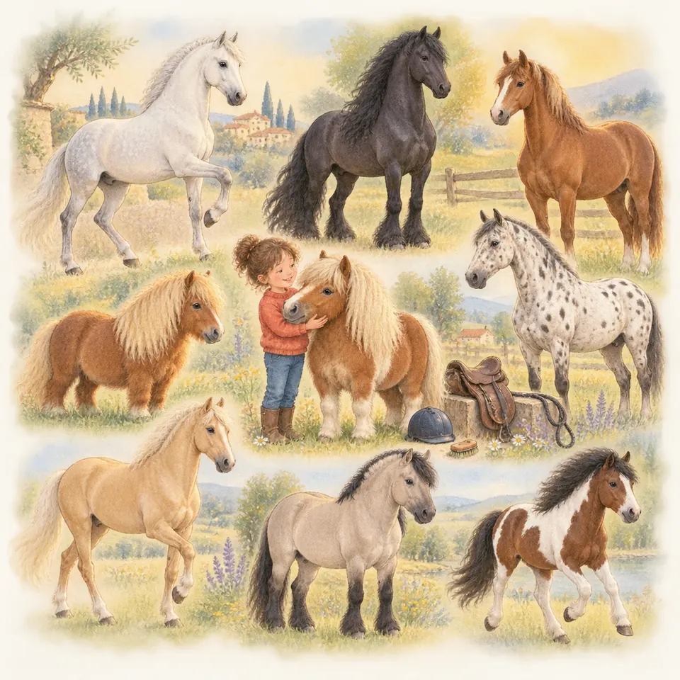 Une enfant caresse un petit poney alezan entouré de chevaux et de poneys de tailles et de robes variées dans un pré