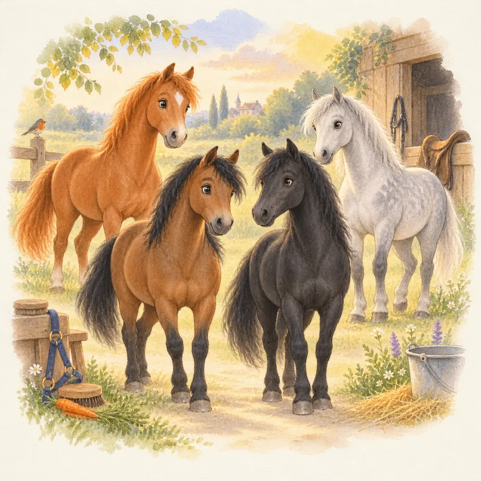 Quatre poneys alezan, bai, noir et gris se tiennent devant une écurie, près d’un licol, d’une brosse et d’un seau