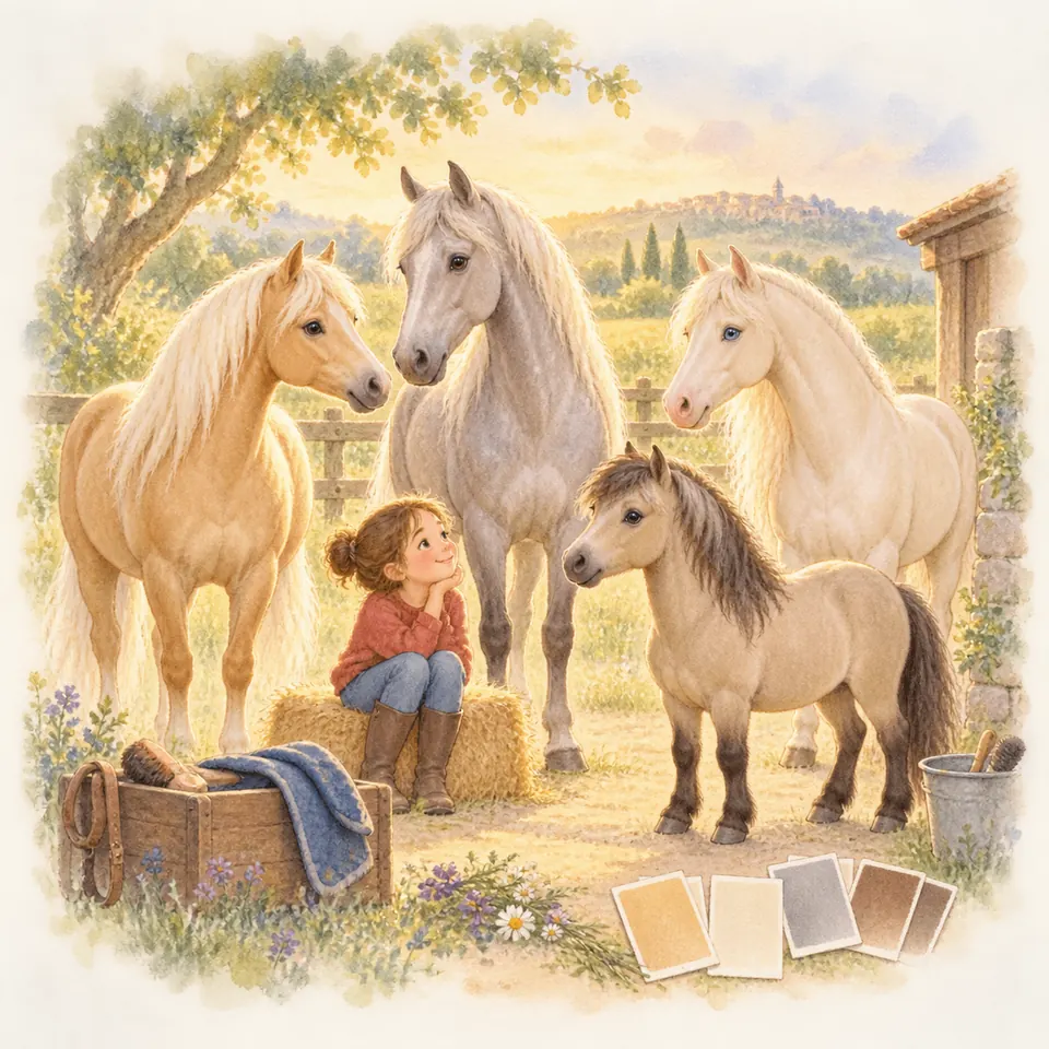 Une enfant assise sur une botte de paille côtoie un cheval palomino, deux chevaux aux robes claires et un poney isabelle