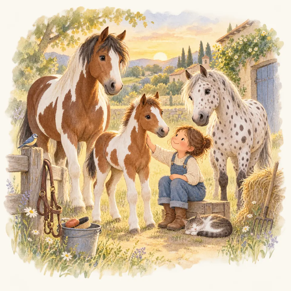 Une enfant assise caresse un poulain pie alezan entre un cheval pie alezan et un cheval blanc tacheté de noir