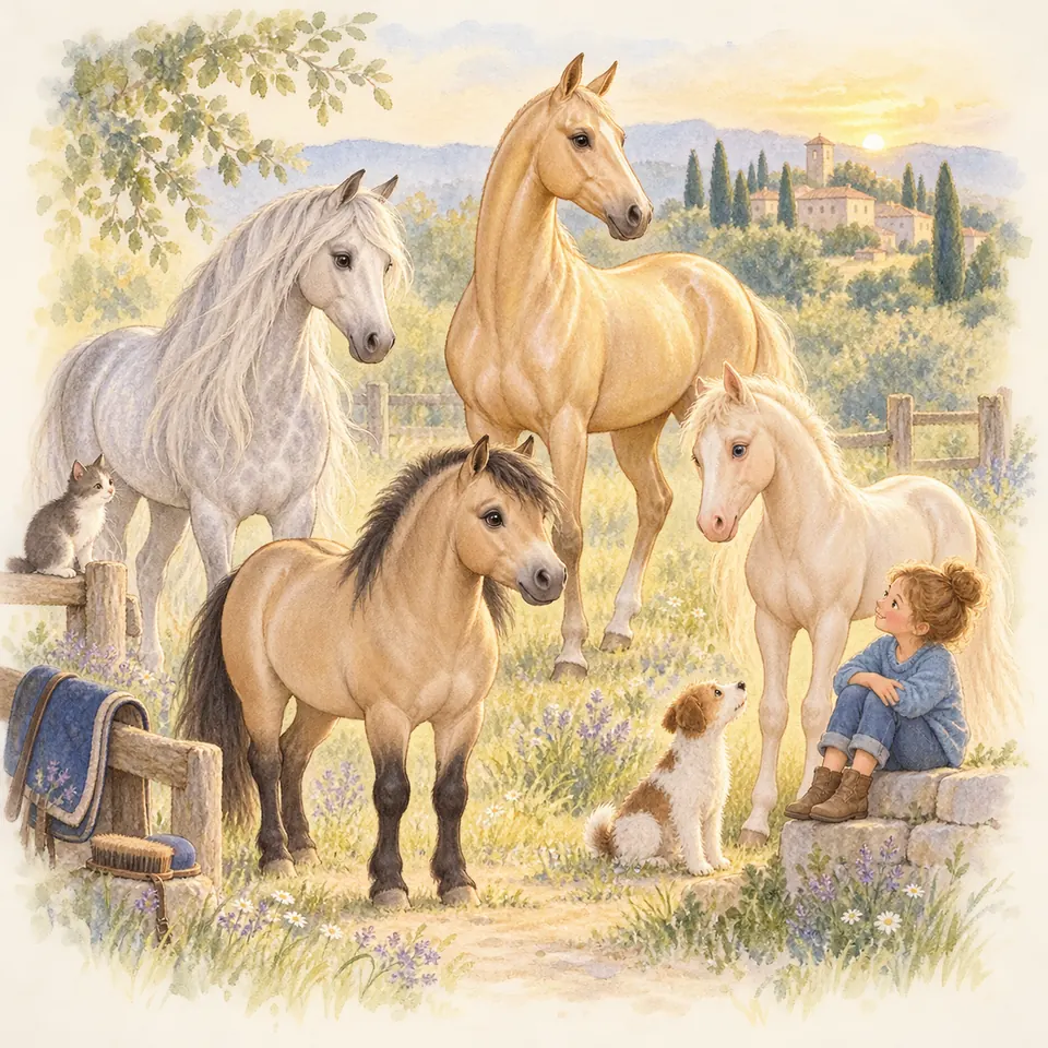 Une enfant assise près d’un chien côtoie un cheval gris, un cheval doré, un cheval crème et un poney isabelle dans un pré