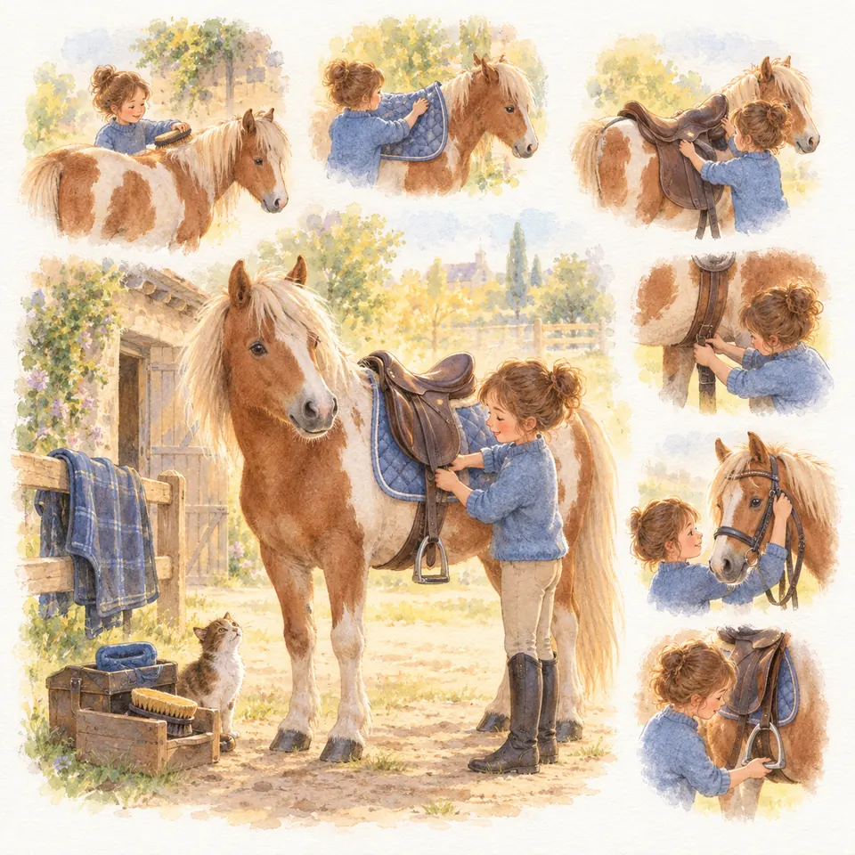 Une enfant brosse un poney pie alezan, pose un tapis et une selle, ajuste la sangle puis le bride près de l’écurie