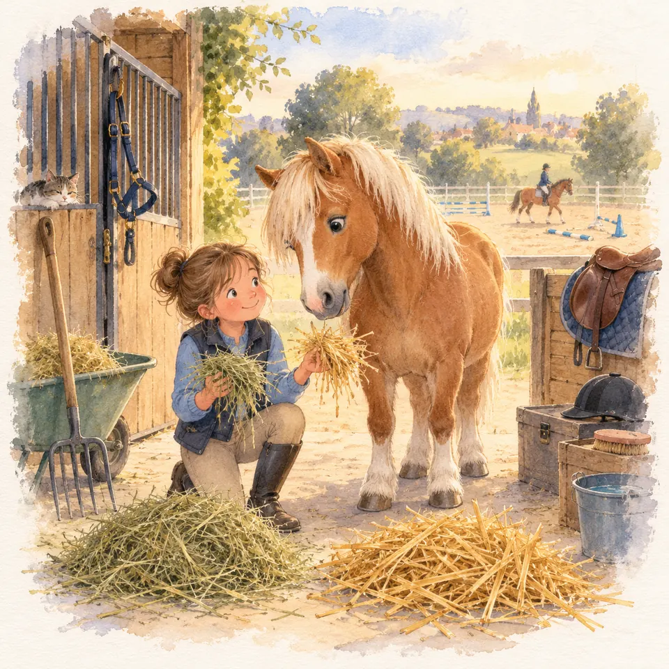 Une enfant accroupie tient du foin et de la paille devant un poney alezan aux crins lavés, près d’un box et d’une selle
