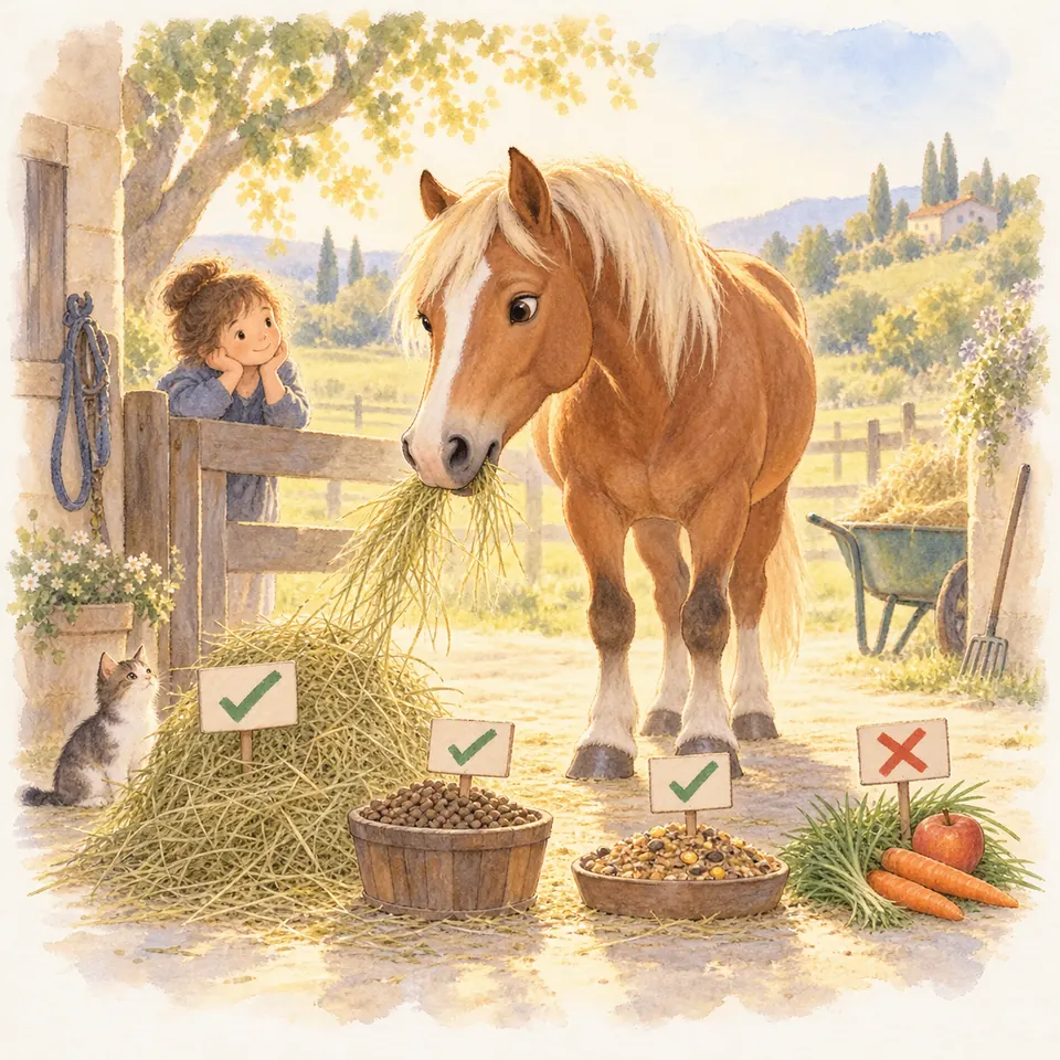 Un poney alezan aux crins lavés mange du foin devant une enfant, près de seaux de granulés, de céréales et de carottes