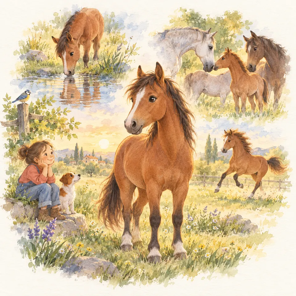 Une enfant et un chien observent un cheval alezan au pré, entouré de scènes de chevaux buvant, se flairant et galopant