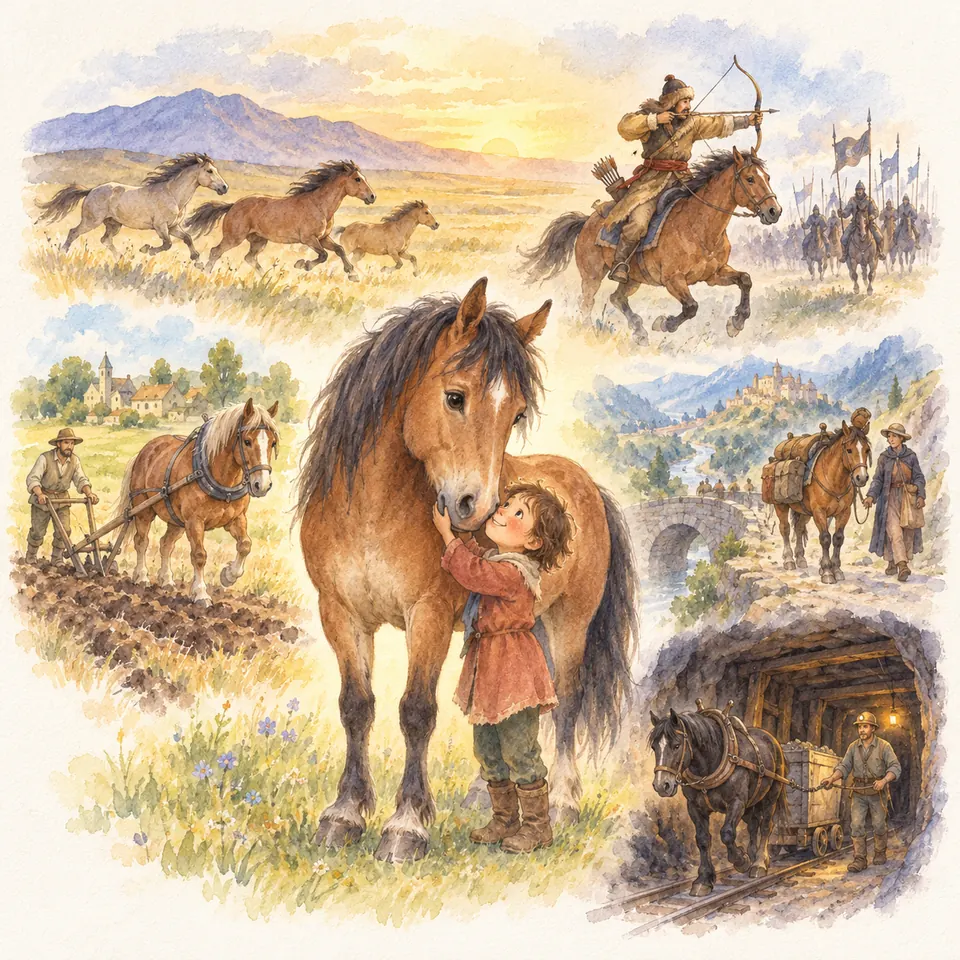 Un enfant enlace un cheval bai, entouré de scènes de chevaux dans la steppe, au labour, au bât et dans une mine