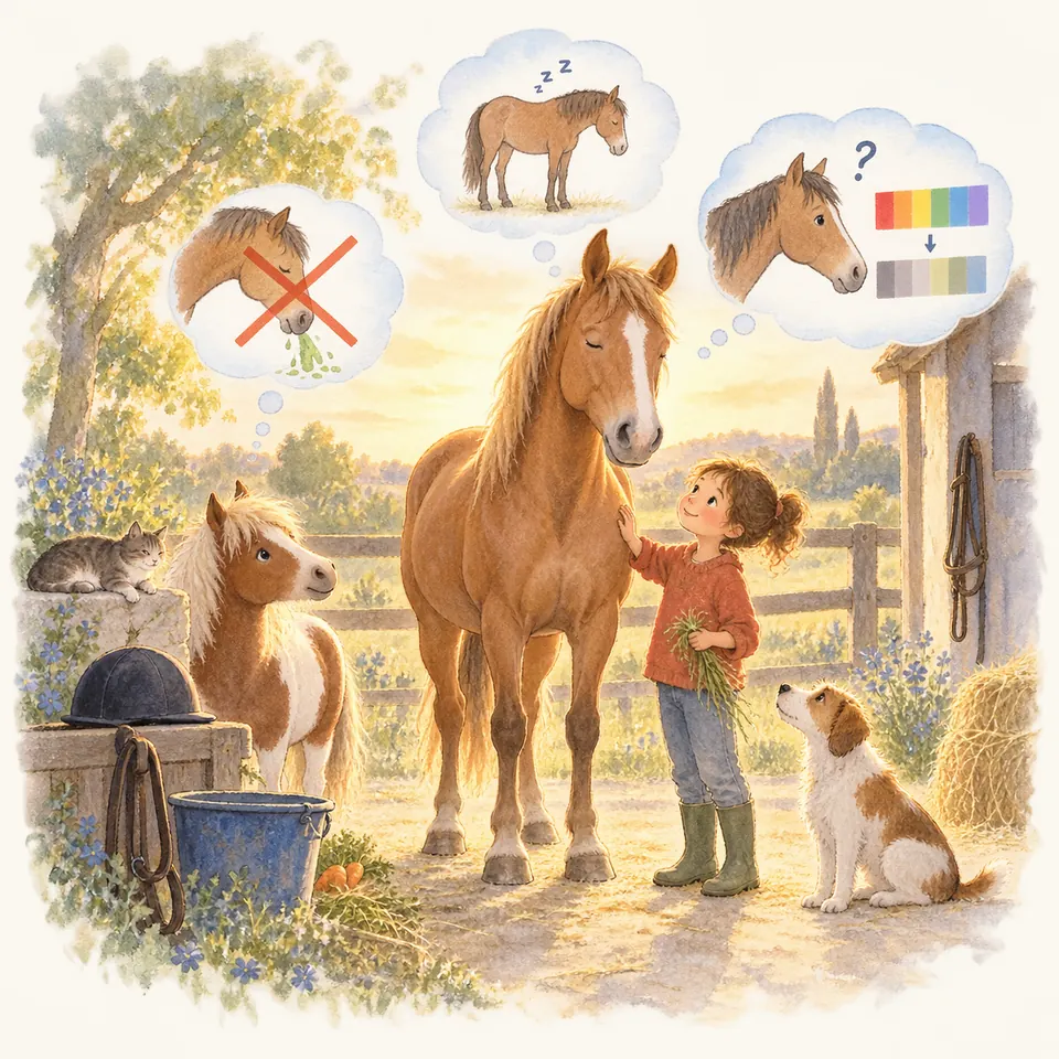 Un enfant caresse un cheval alezan près d’un poney pie, sous des bulles évoquant le sommeil, les couleurs et la nourriture