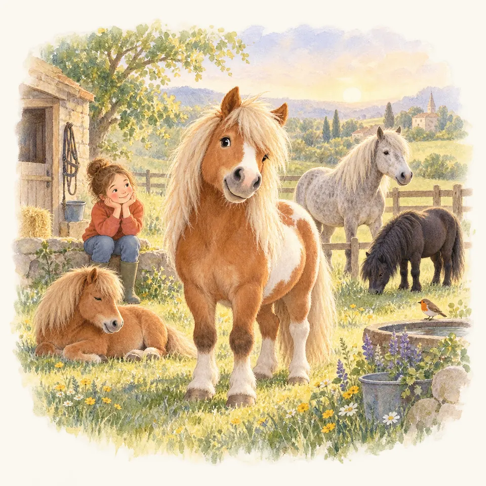 Un poney pie alezan se tient devant une enfant assise, avec un poney couché, un gris et un noir au pré près de l’écurie