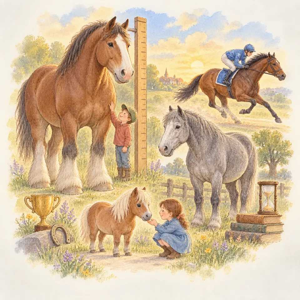 Un enfant mesure un grand cheval bai, un cavalier galope au loin et une fillette caresse un poney près d’un cheval gris