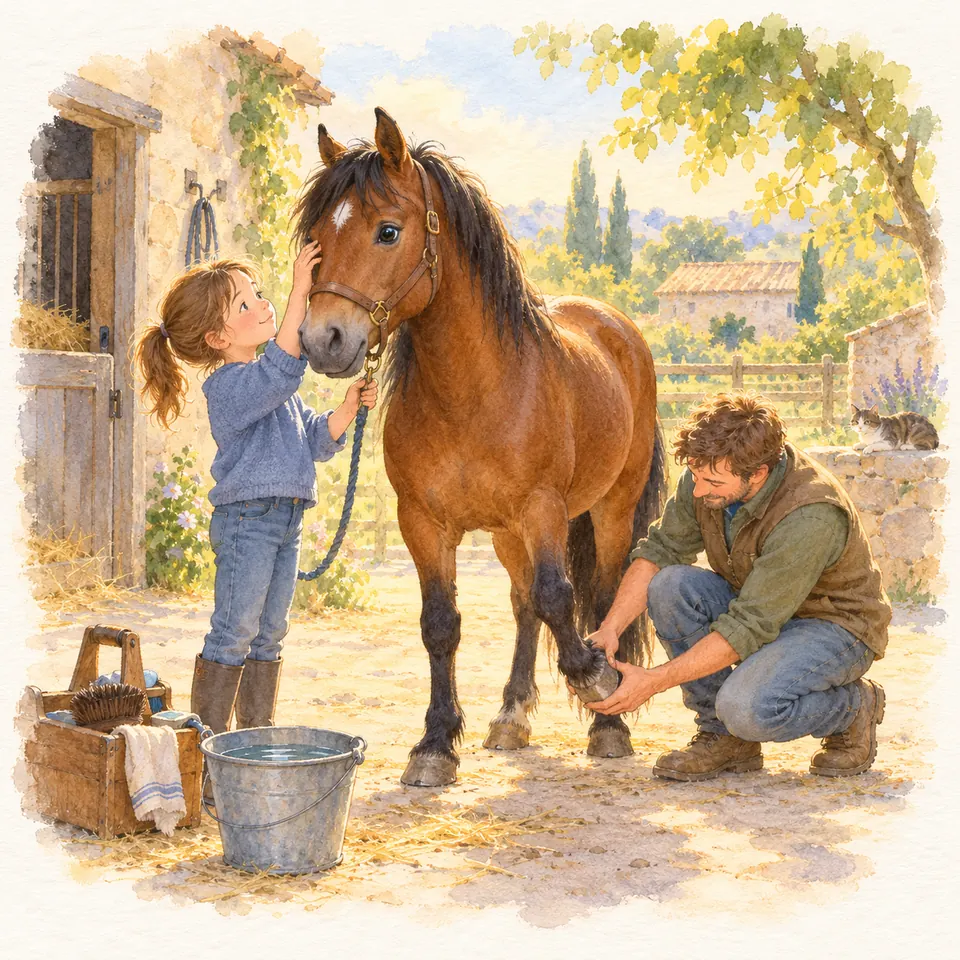 Une fillette tient un cheval bai au licol tandis qu’un homme examine son sabot dans la cour d’une écurie, près du matériel de pansage