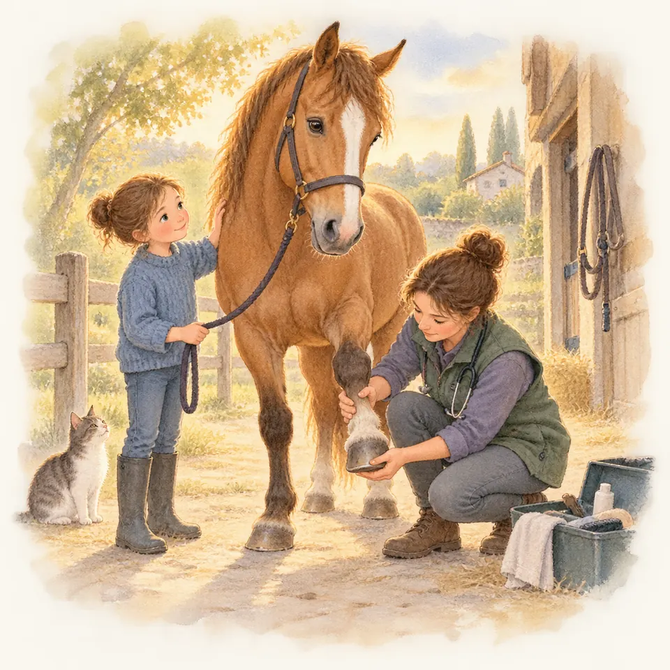 Une vétérinaire examine le sabot soulevé d’un cheval bai, tenu en longe par une enfant devant l’écurie