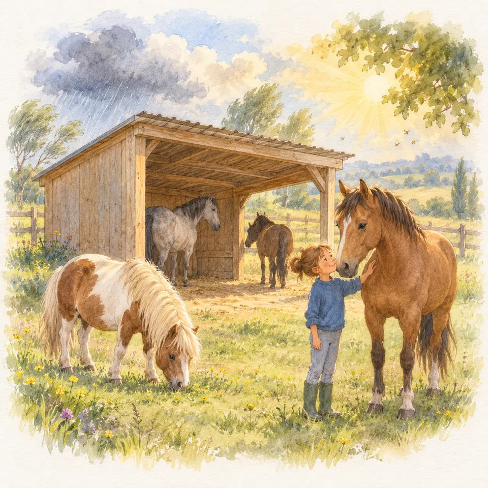 Deux chevaux se tiennent sous un abri en bois, tandis qu’un poney pie broute et qu’une enfant caresse un cheval bai