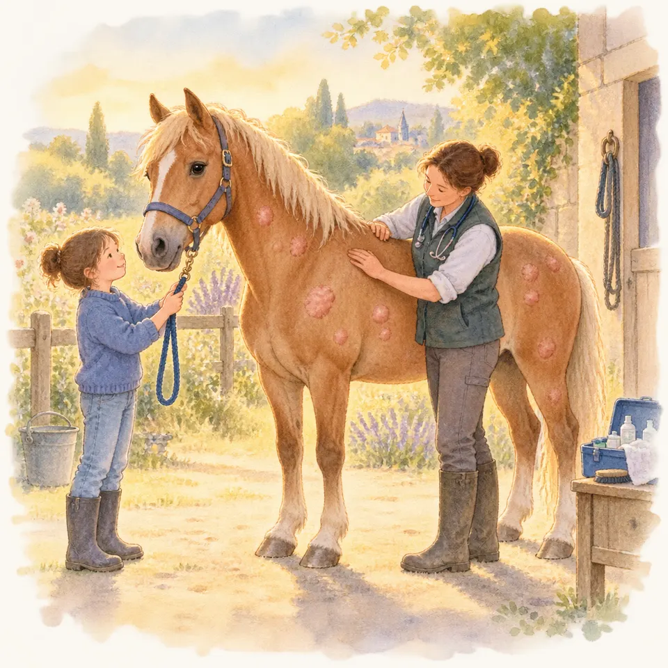 Une fillette tient la longe d’un cheval alezan aux crins clairs tandis qu’une femme munie d’un stéthoscope l’examine dans la cour d’une écurie