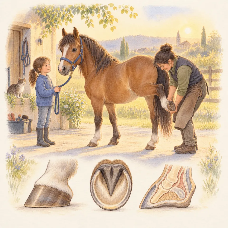 Une enfant tient la longe d’un cheval alezan tandis qu’une femme manipule son sabot, avec un chat et trois vues anatomiques du pied équin