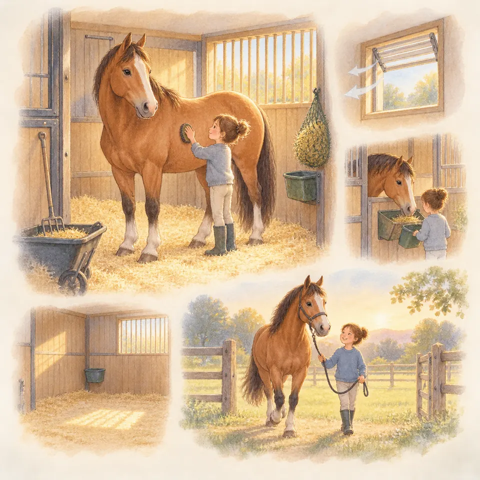 Une enfant brosse un cheval bai dans un box paillé avec une fenêtre ouverte, puis le mène en longe dehors