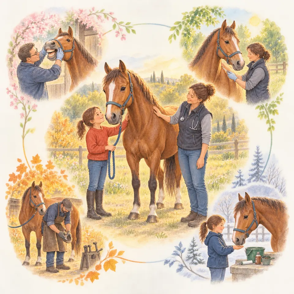 Plusieurs scènes équestres montrent des adultes et des enfants soignant, pansant et tenant des chevaux, dont un vétérinaire ausculte un cheval alezan