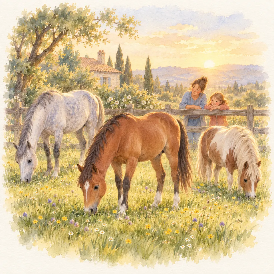 Un cheval bai, un cheval gris et un poney pie broutent dans un pré, près d’une femme et d’une enfant à la clôture