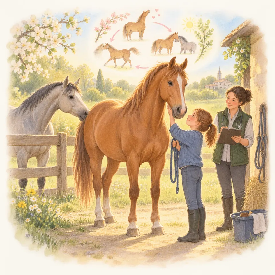Une enfant tient une jument alezane en longe près d’une femme munie d’un carnet, devant un cheval gris au pré